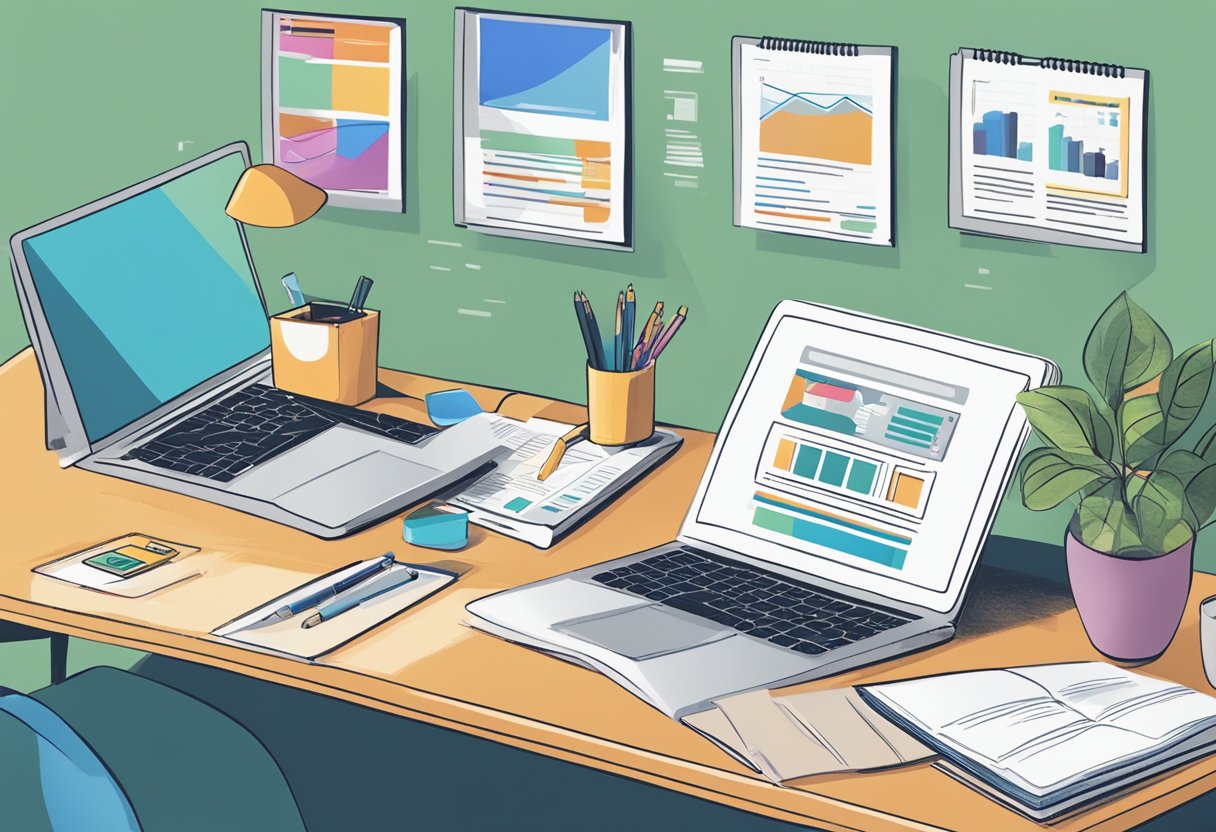 A desk with a computer, notebook, and pen. A wall filled with affiliate marketing program logos. A person's hand reaching for a resource book