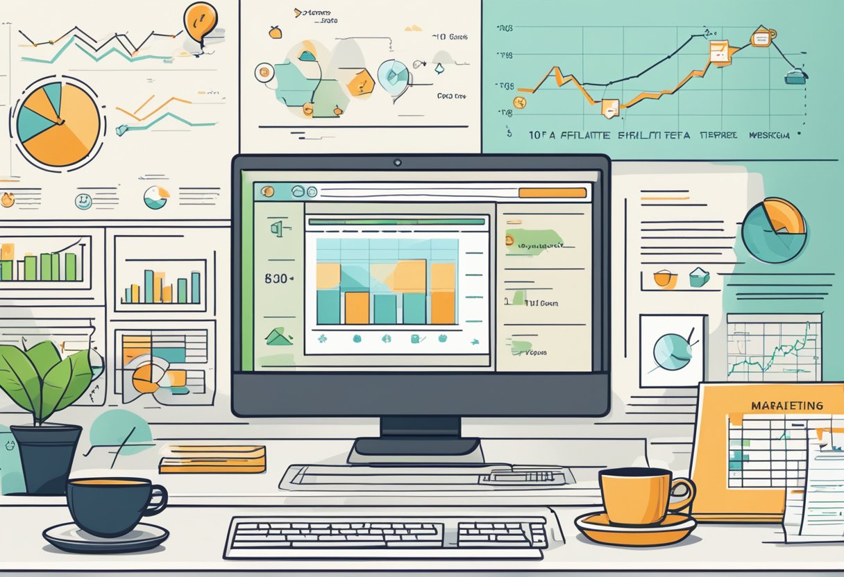 A computer screen displaying the top 10 affiliate marketing programs, surrounded by charts, graphs, and a cup of coffee