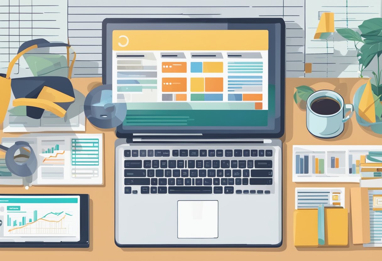 A laptop displaying various affiliate marketing programs. A person researching and comparing options. A chart showing commission rates and product categories
