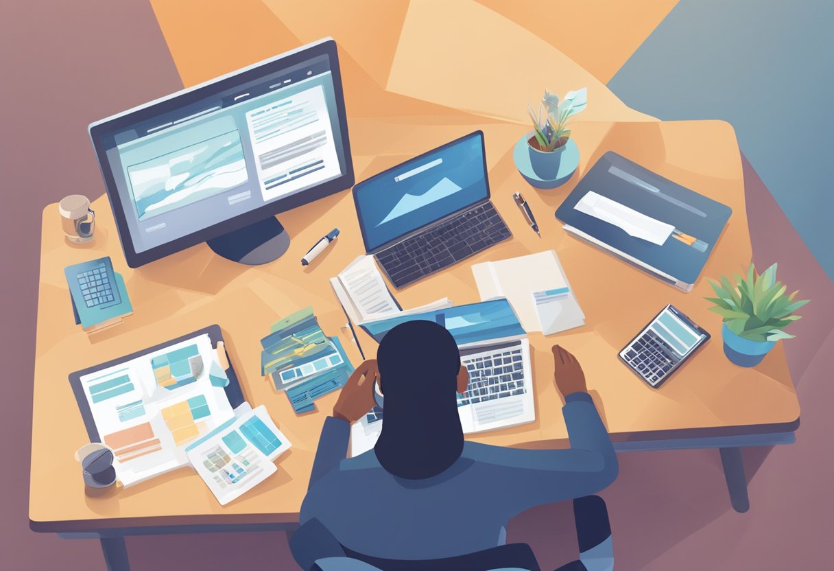 A person sitting at a desk, surrounded by a computer, notebook, and pen. They are researching different affiliate marketing programs and comparing them to determine the best fit for their goals