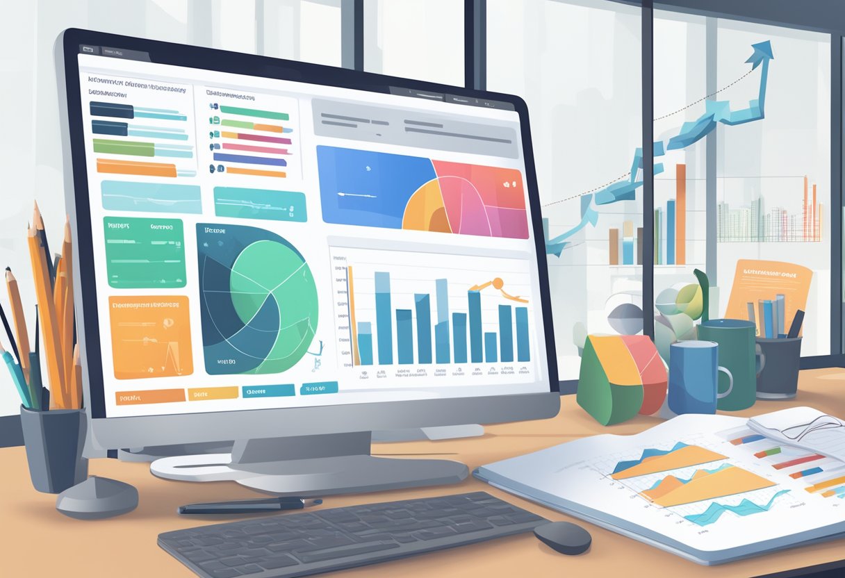 An array of affiliate program options displayed on a computer screen, with charts and graphs showing performance metrics. Textbooks on marketing and business strategy sit nearby