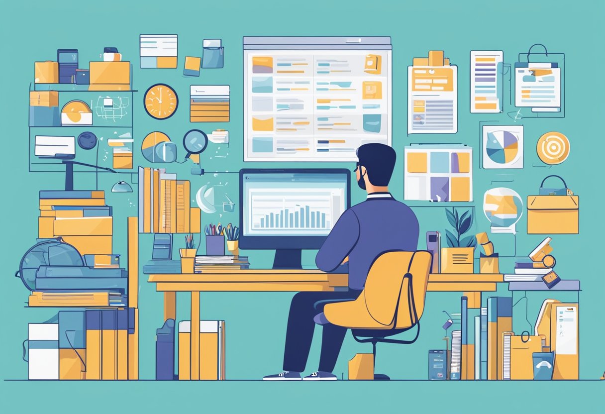 A person sits at a desk, surrounded by a variety of products and brands. They are carefully researching and comparing different affiliate marketing programs to find the most suitable niche for their business