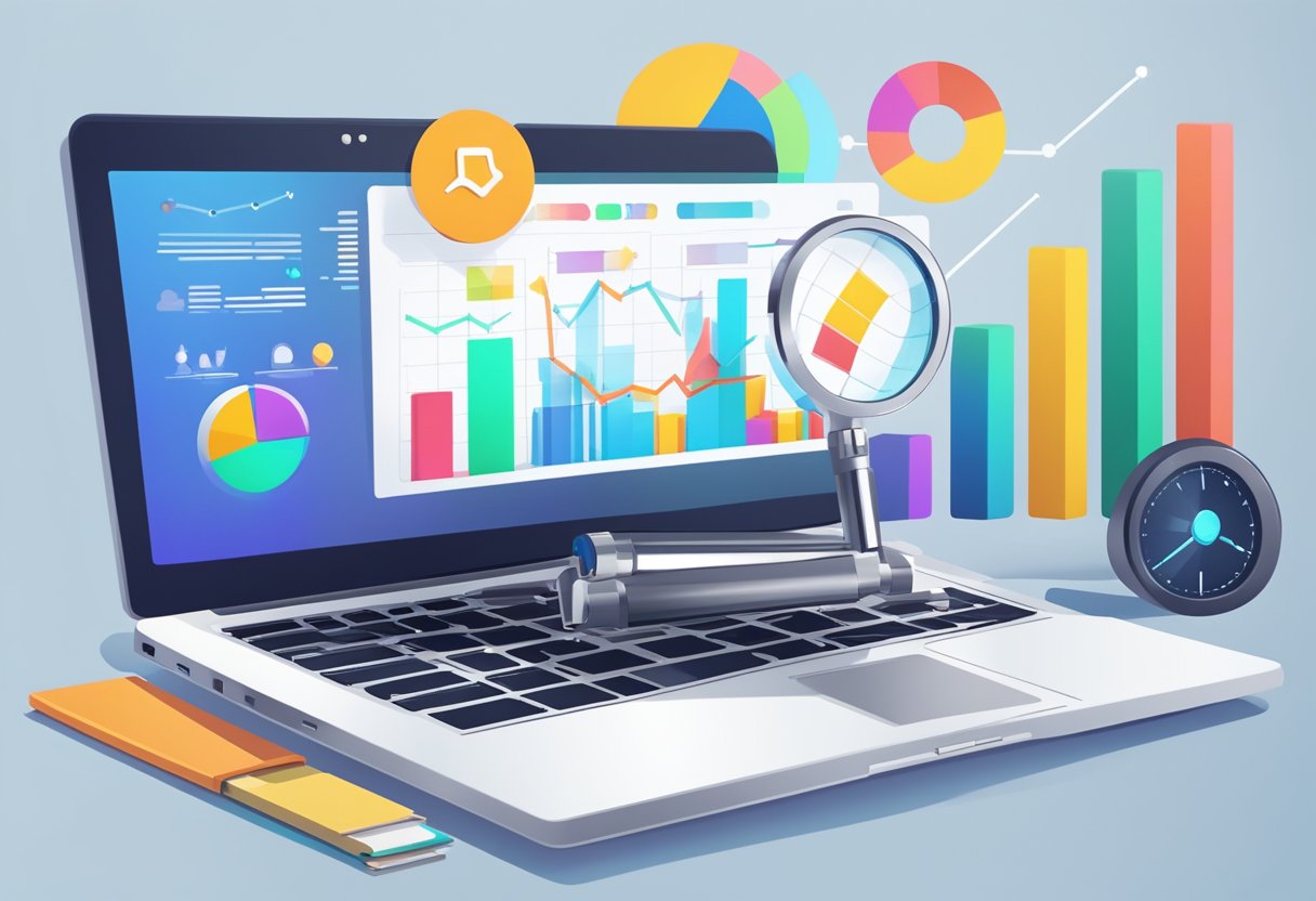 An open laptop displaying various analytics graphs and charts, with a magnifying glass hovering over them. A trail of affiliate marketing logos leads to a glowing "best" sign