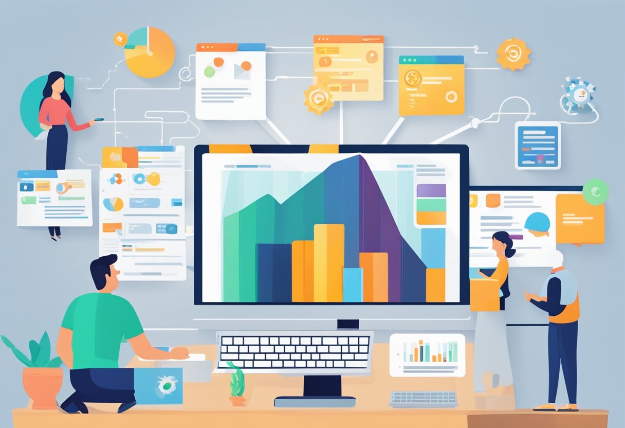 A computer displaying various affiliate marketing programs with a person managing and analyzing the relationships between different affiliates