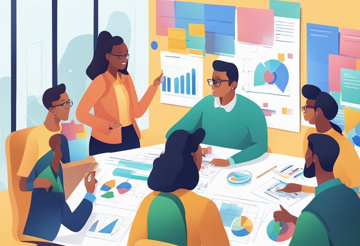 A group of diverse individuals brainstorming ideas around a table, while pointing to a whiteboard filled with charts and graphs