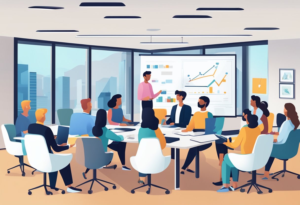 A group of people in a conference room, discussing and brainstorming ideas on how to adapt to industry changes and choose the best affiliate marketing program