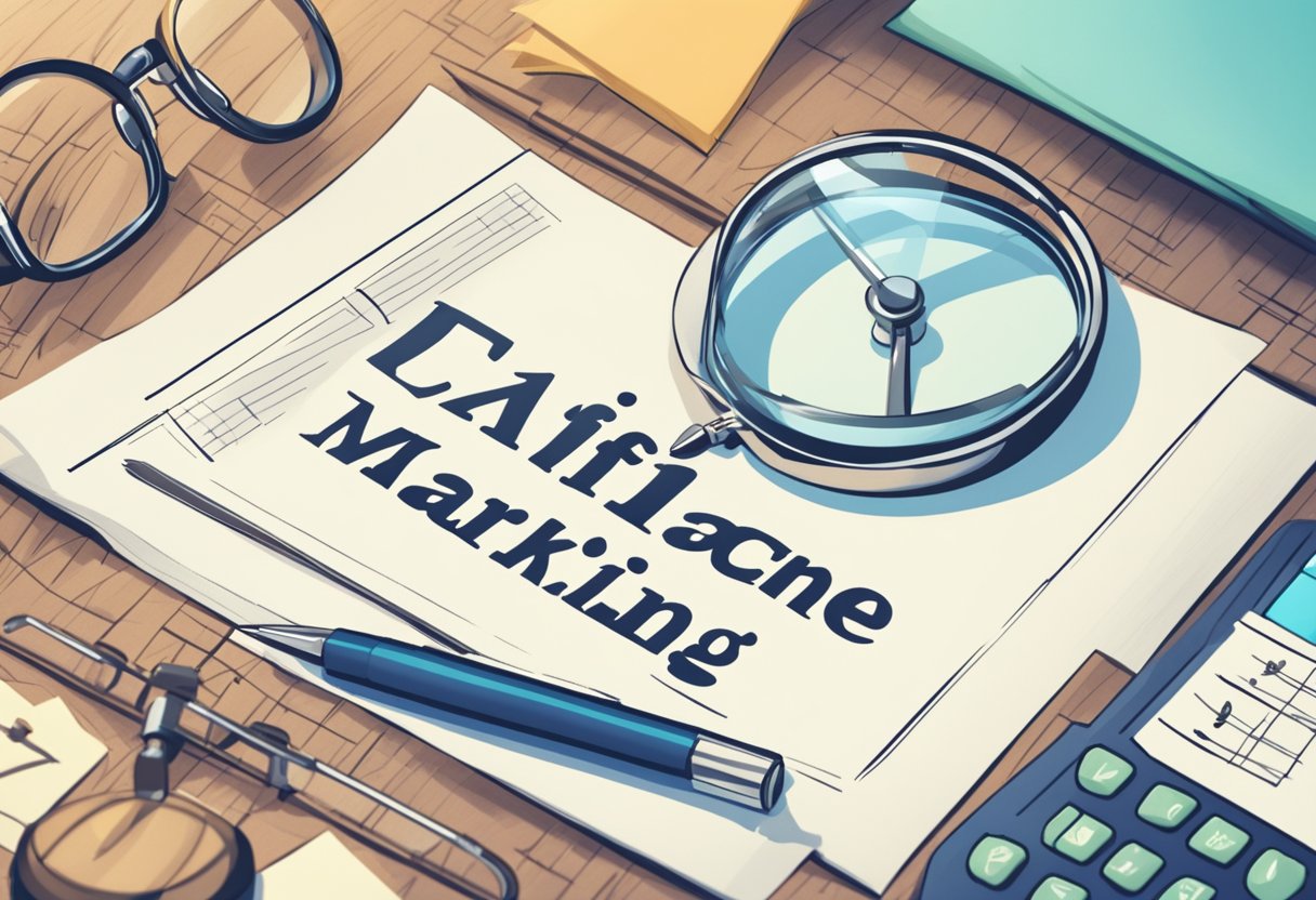 A scale weighing "Compliance" and "Ethics" with arrows pointing to "Best Affiliate Marketing Program" surrounded by a checklist and a magnifying glass