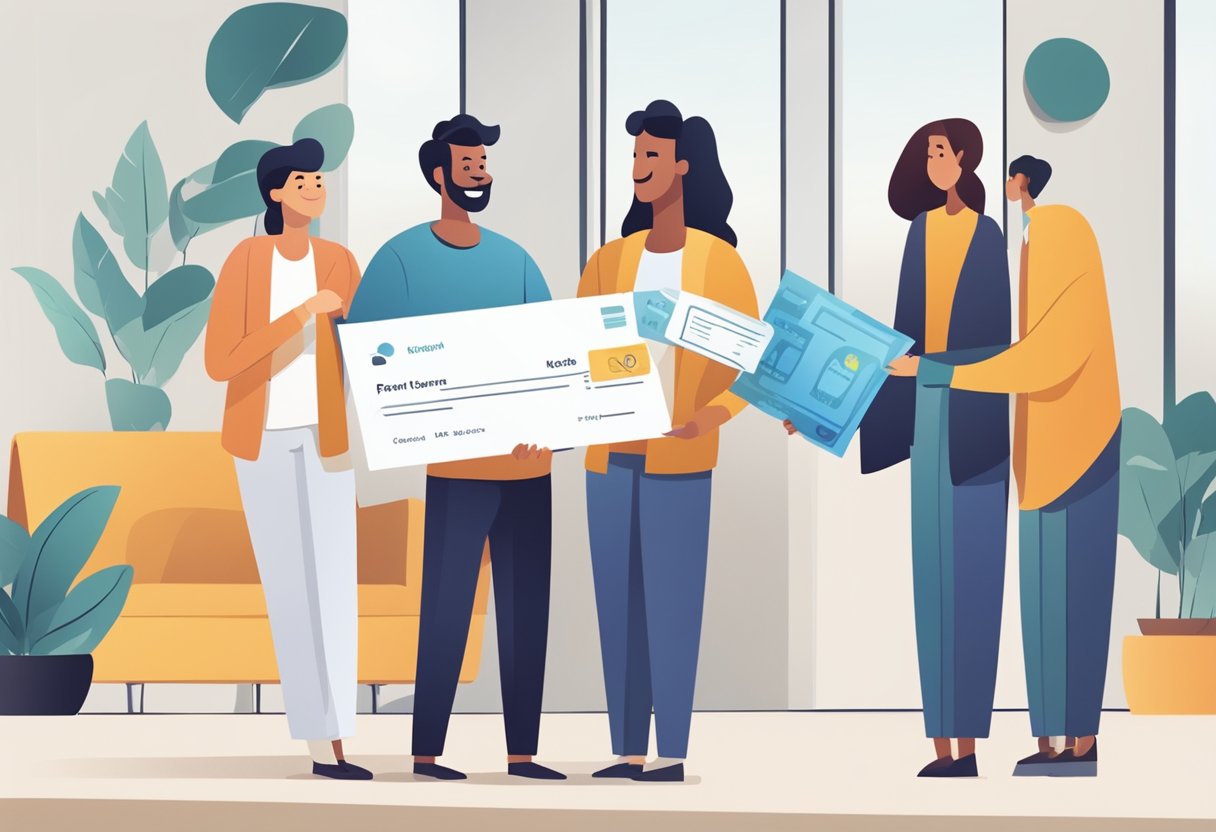 A person receiving a payment check from an affiliate marketing program. The check is being handed over, and the person is smiling with satisfaction