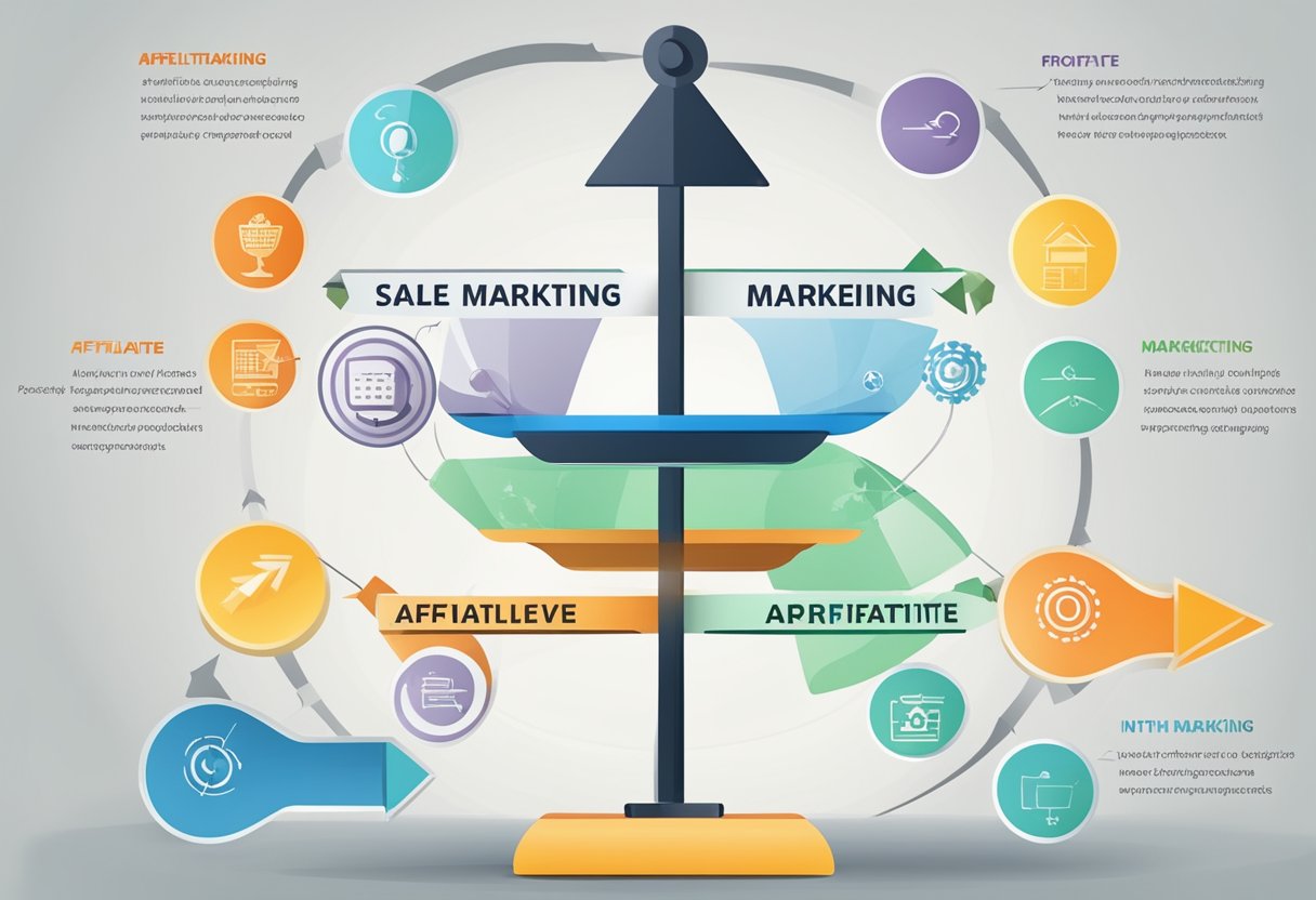 A scale balancing "pros" and "cons" with arrows pointing to "Affiliate Marketing" in the center, surrounded by various marketing strategies