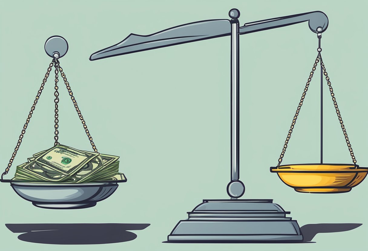 A scale balancing money and benefits, with "Affiliate Marketing" written above. Pros and cons listed on opposite sides