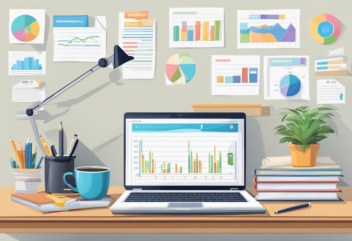 A desk with a laptop, notepad, and pen. A stack of books on affiliate marketing. Charts and graphs on the wall. Pros and cons list on a whiteboard