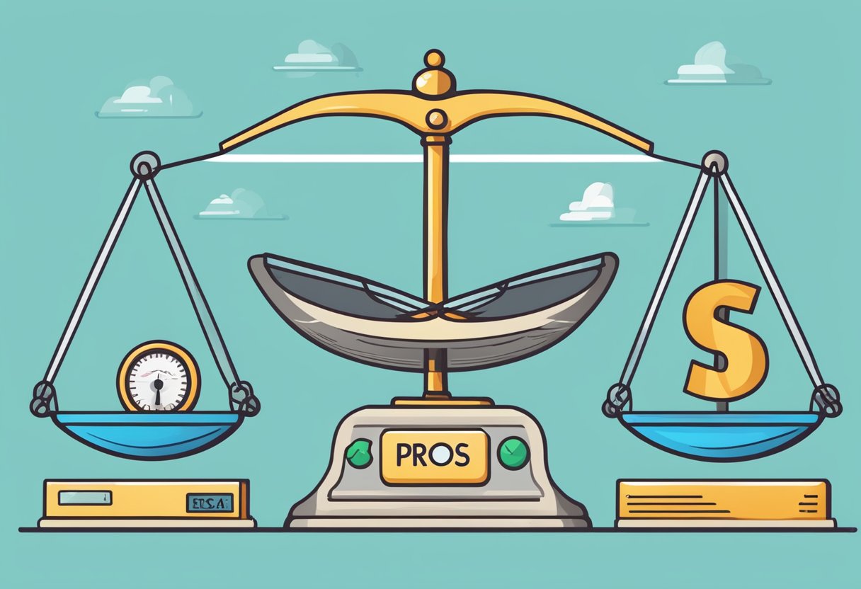 A scale with "Pros" on one side and "Cons" on the other, with various items representing benefits and drawbacks of affiliate marketing