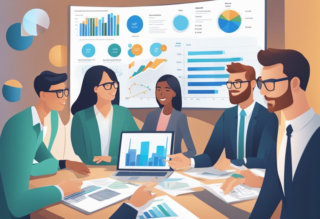 A group of people gathered around a presentation, discussing the advantages and disadvantages of the Amway MLM business model. Charts and graphs are displayed, illustrating the potential benefits and drawbacks