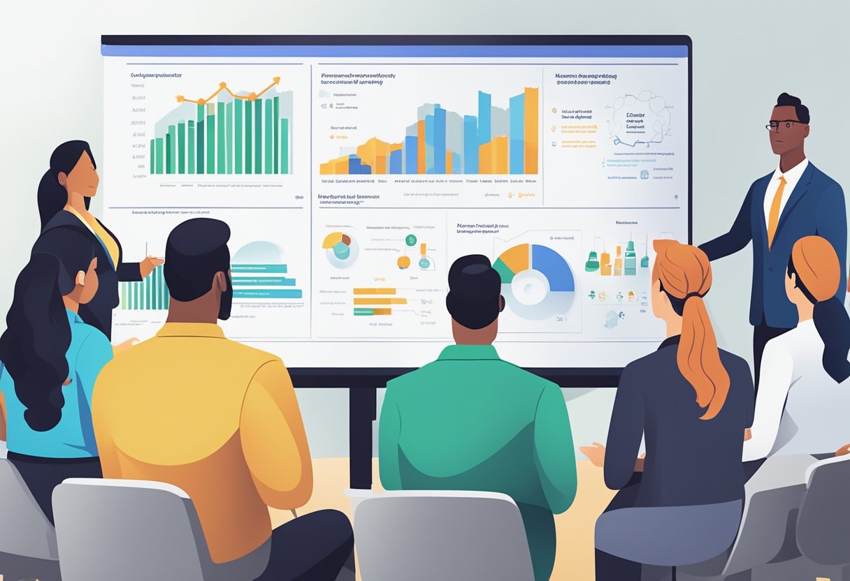 A group of individuals gather around a presentation board, discussing the benefits and drawbacks of Amway's MLM structure. Charts and graphs are displayed, illustrating the potential for financial success and the challenges of building a network