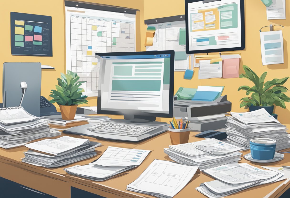 A cluttered desk with an Amway MLM starter kit, surrounded by stacks of unread pamphlets and a calendar filled with scheduled recruitment calls