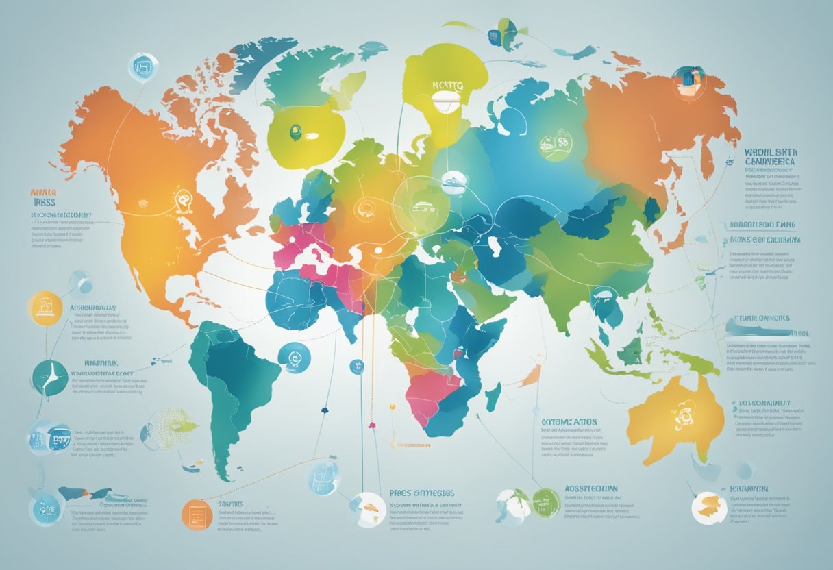 Amway's global reach: world map with highlighted regions. Pros: happy customers, success stories. Cons: controversy, negative press