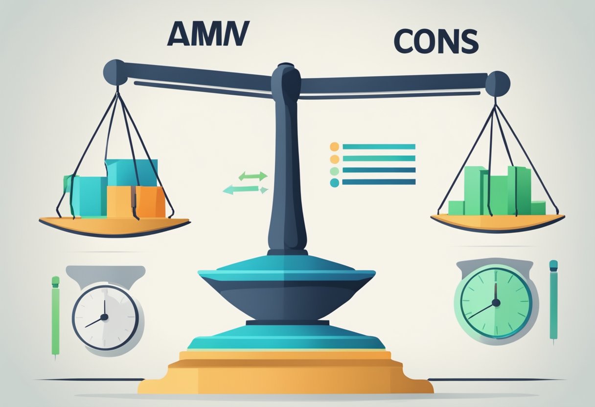 A scale weighing the pros and cons of Amway MLM, with positive aspects on one side and negative aspects on the other