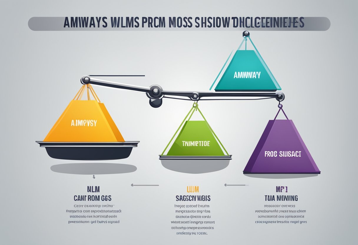 A scale weighing the pros and cons of Amway MLM, with the pros outweighing the cons. A clear and balanced comparison