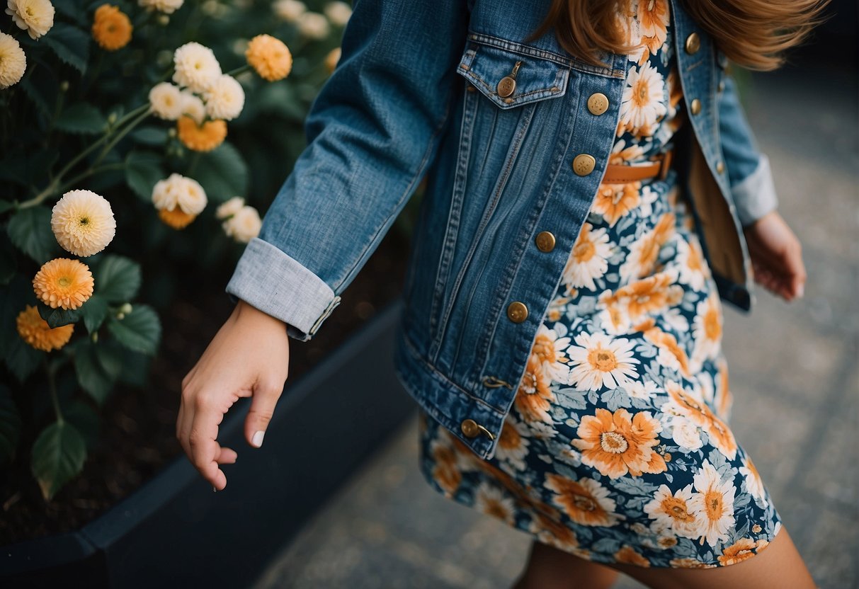 A playful floral dress paired with a classic denim jacket