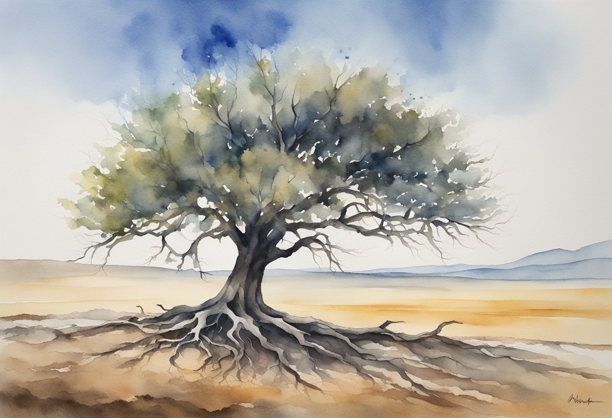 A lone tree stands tall in a barren landscape, its roots digging deep into the earth. The branches reach out, resilient against the harsh elements, symbolizing strength and endurance in the face of adversity