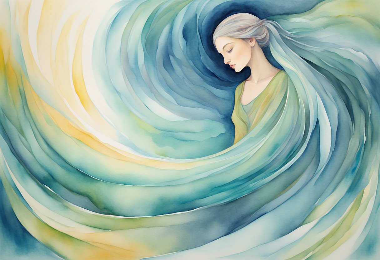 A serene figure stands tall amidst swirling emotions, symbolizing resilience in the face of mortality and the journey of a cancer thriver