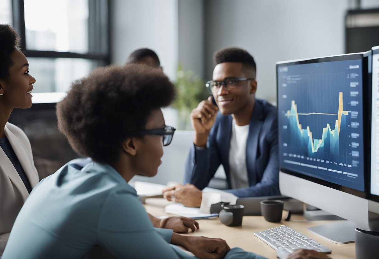 A group of diverse students engage in an interactive online class, with charts and graphs displayed on the screen. The instructor leads a discussion on public health topics