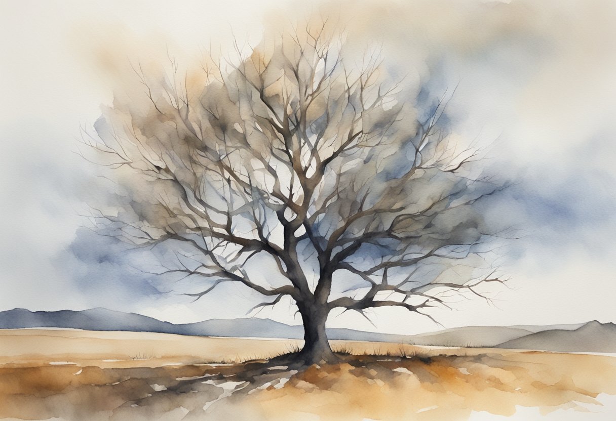 A lone tree stands tall amidst a barren landscape, its branches reaching out towards the sky. Despite harsh conditions, it remains strong and unwavering, symbolizing the concept of emotional resilience