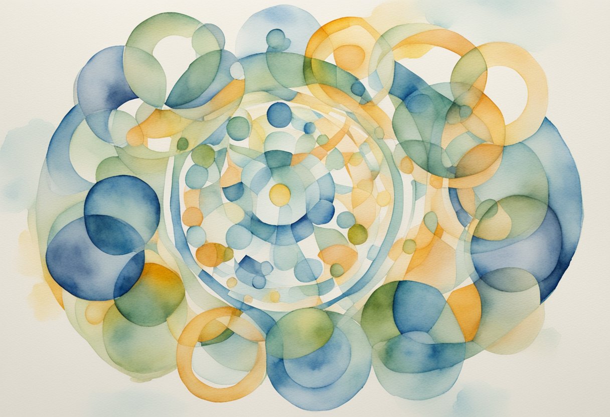 A group of interconnected circles representing social support systems, surrounded by symbols of strength and resilience