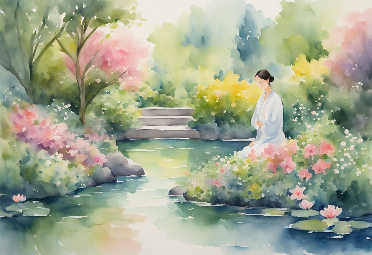 A serene figure meditates in a lush garden, surrounded by blooming flowers and tranquil water. The atmosphere exudes calmness and inner peace, symbolizing emotional resilience and managing stress