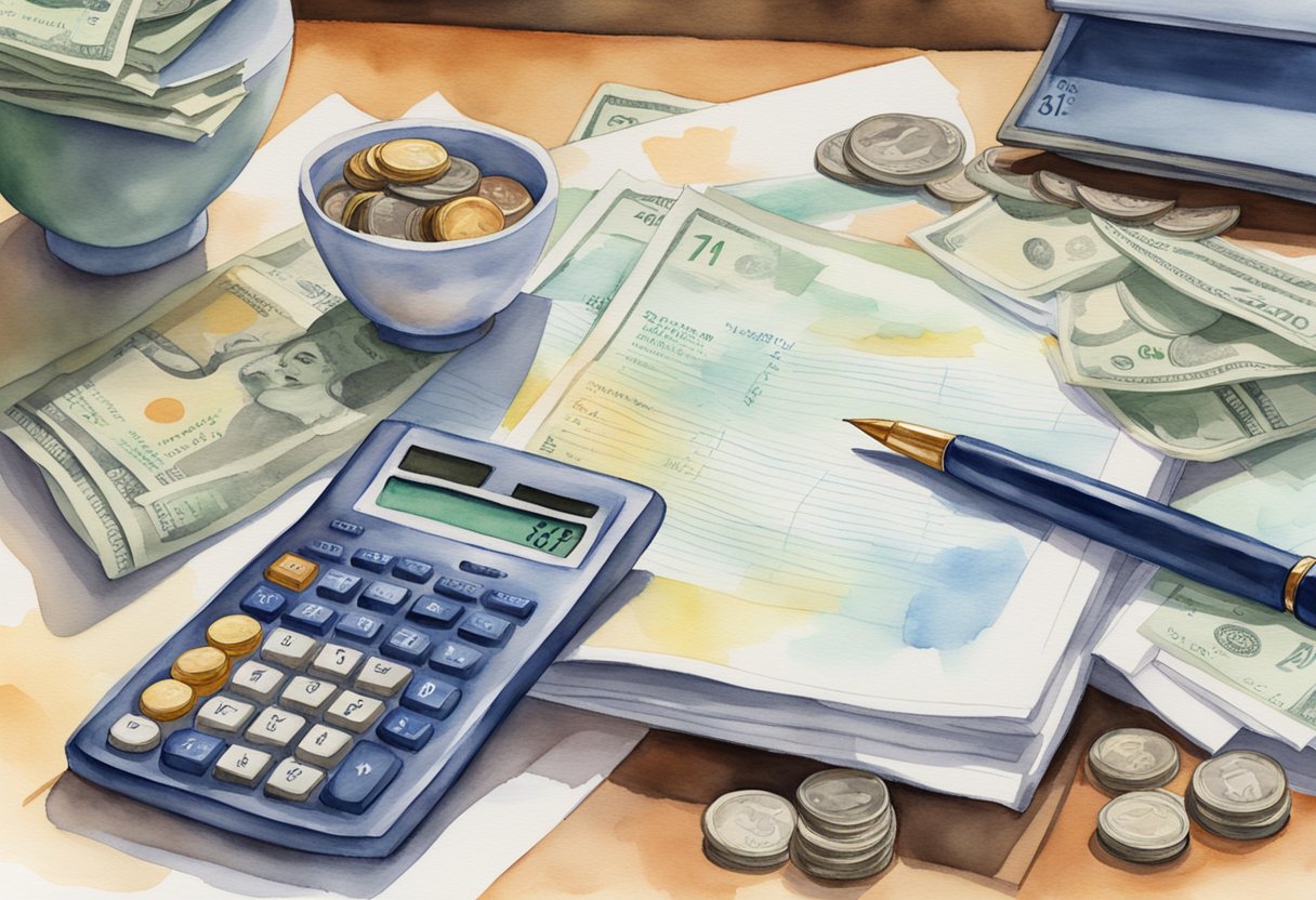 A table with a financial calculator displaying "4%" and "Retirement Rule." A stack of money and a retirement savings account statement are next to it