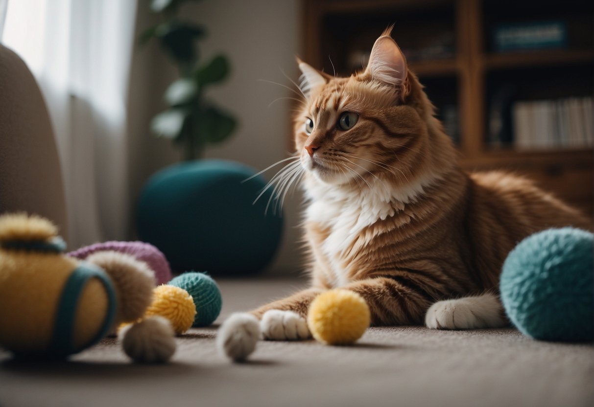 A cat sneezes repeatedly in a cozy living room, surrounded by toys and a scratching post