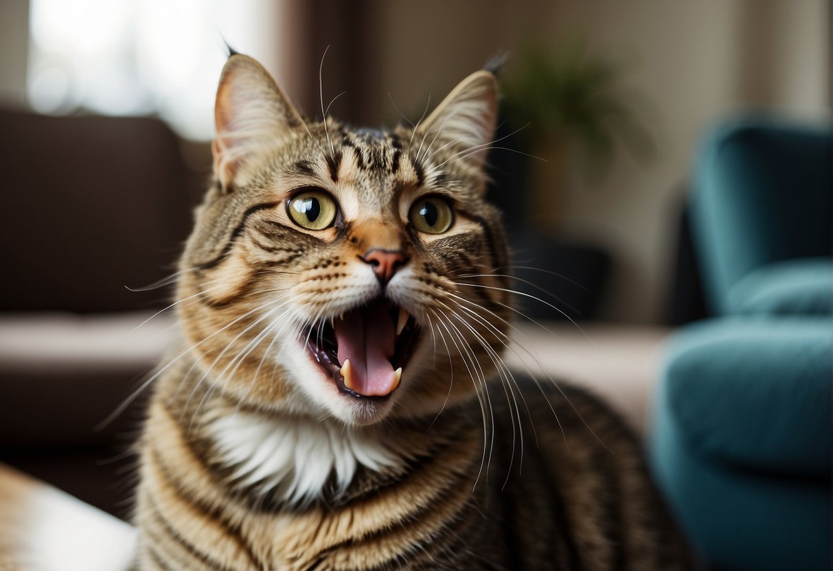 A cat with bad breath, sitting with a disgusted expression. Open mouth showing teeth and tongue. Surrounding environment is a typical living room setting