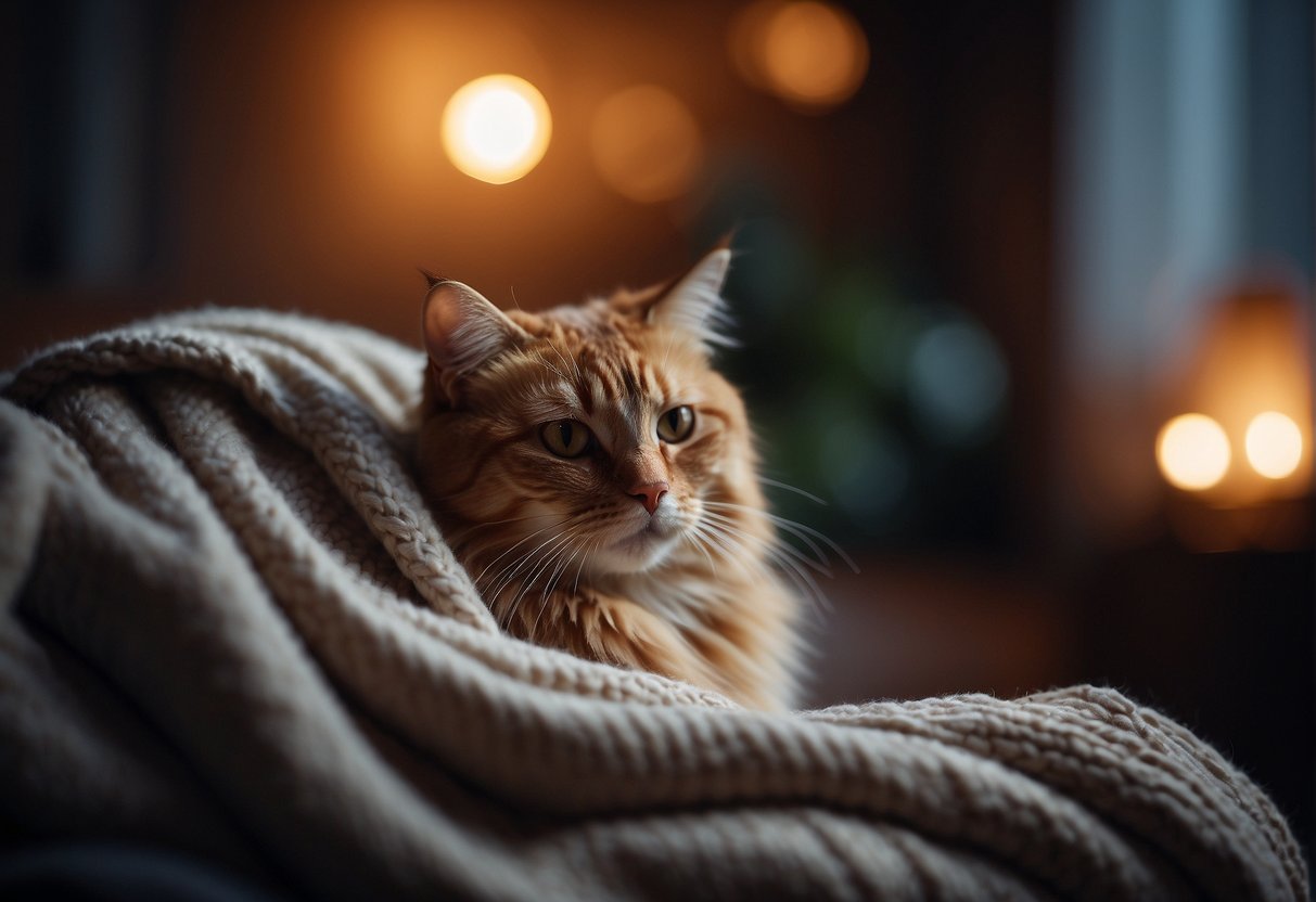 A cat sits in a cozy, dimly lit room with soft music playing. A diffuser emits calming scents, and a cozy blanket is draped over the cat's favorite spot