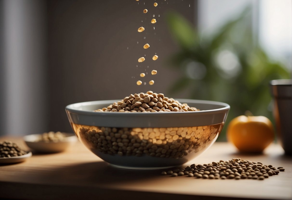 Dry cat food is poured into a bowl. Water is added, causing the food to swell and soften