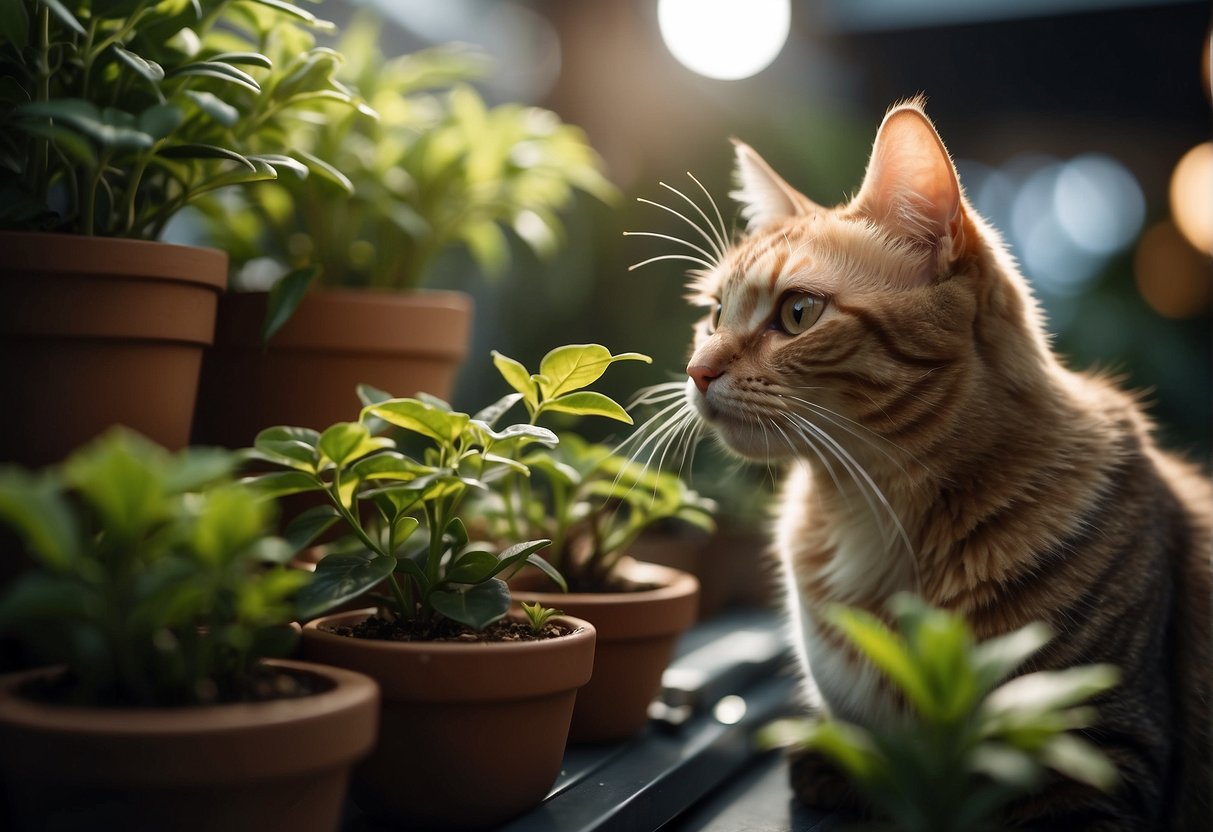 A cat sniffs a potted plant, then bats at the leaves. Nearby, a plant sits on a high shelf, out of reach