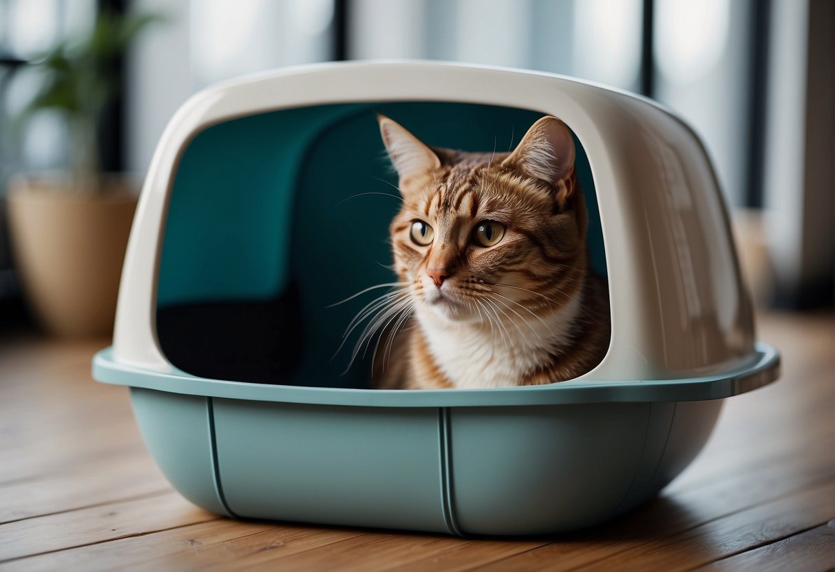 A spacious litter box with low sides, suitable for a cat to comfortably enter and move around in, placed in a quiet and accessible area