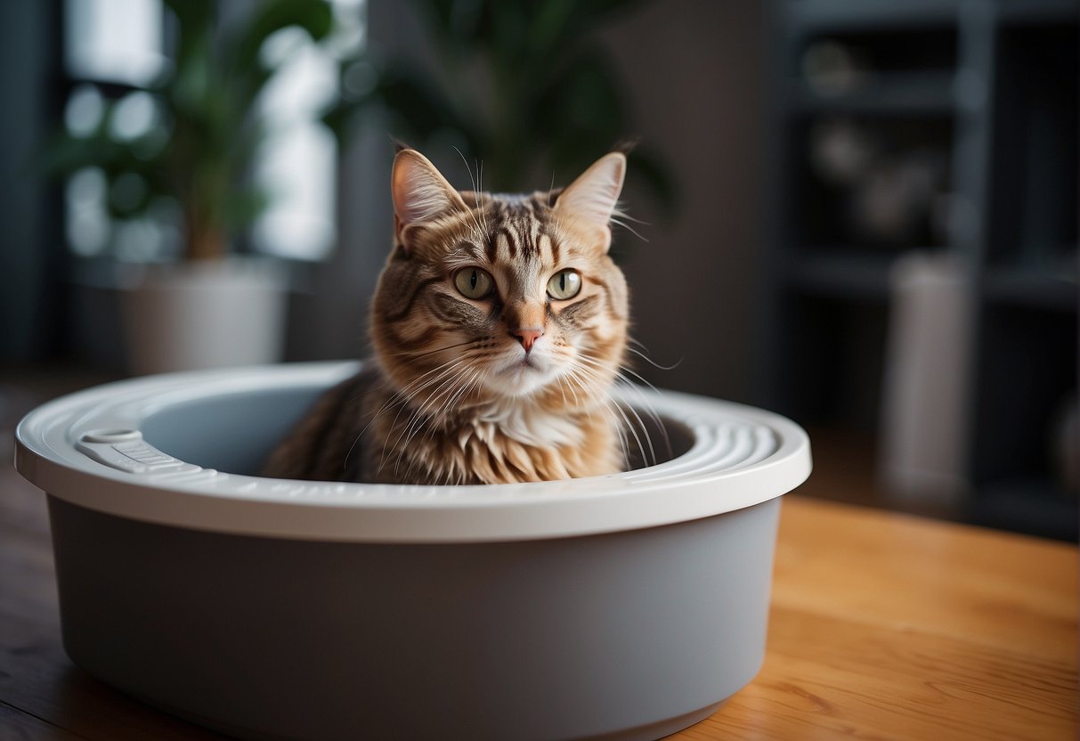 A cat sits inside a spacious litter box, with plenty of room to move around and comfortably do its business