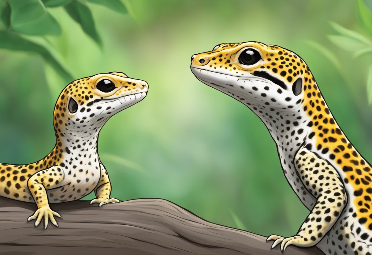 A male leopard gecko approaches a female, displaying mating behavior. The female responds and the two engage in courtship rituals before copulation occurs