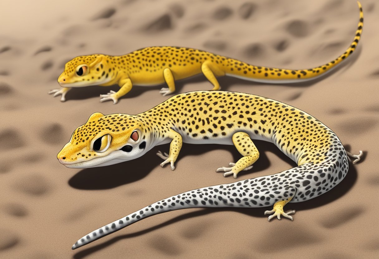 A male leopard gecko approaches a female, displaying courtship behavior. The female responds, and mating occurs. The female then lays eggs in a moist, sandy substrate