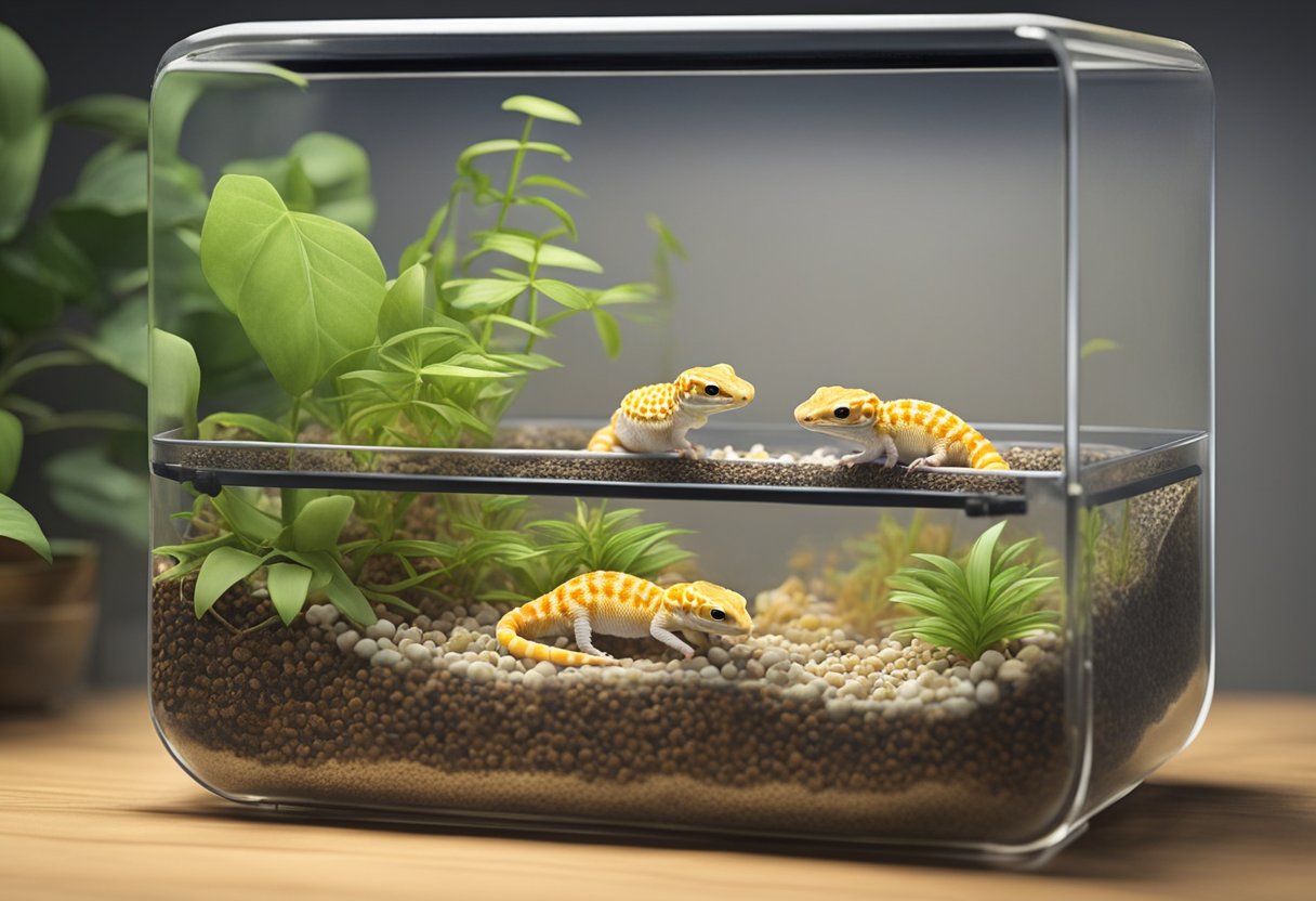 Leopard gecko hatchlings sit in a warm, dry terrarium. A small dish of water and a shallow dish of mealworms are placed within reach. Heat lamps and UV lights provide the necessary warmth and light for the hatchlings to thrive