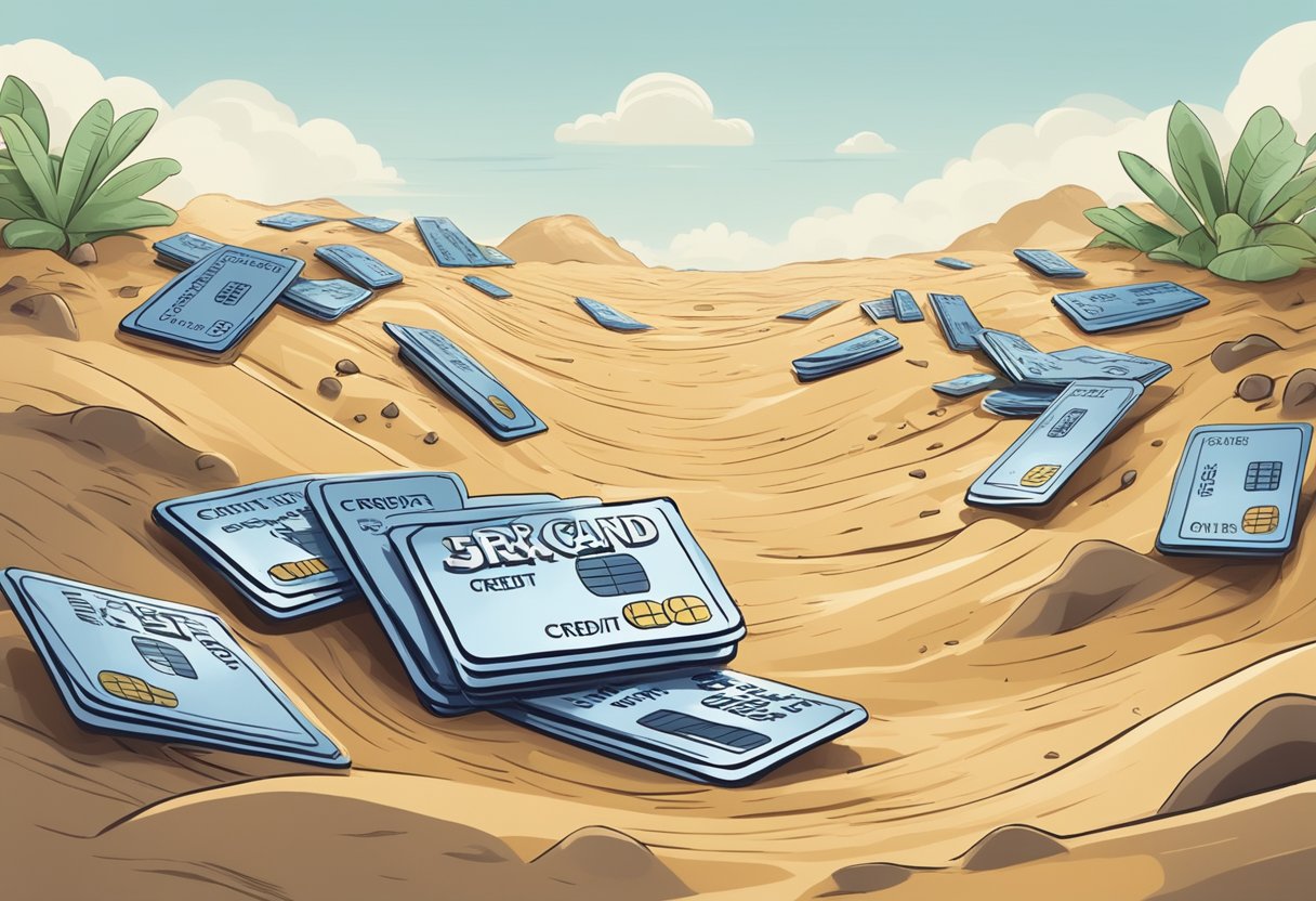 A pile of credit cards sinking into quicksand, with a sign nearby listing "5 Shocking Facts About Credit Card Debt Relief Programs."