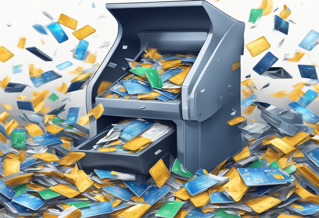 A pile of credit cards being shredded by a powerful machine, with pieces of plastic flying in all directions