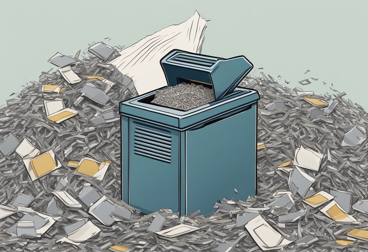 A credit card sinking into a shredder, surrounded by piles of shredded paper and a broken chain symbolizing freedom from debt