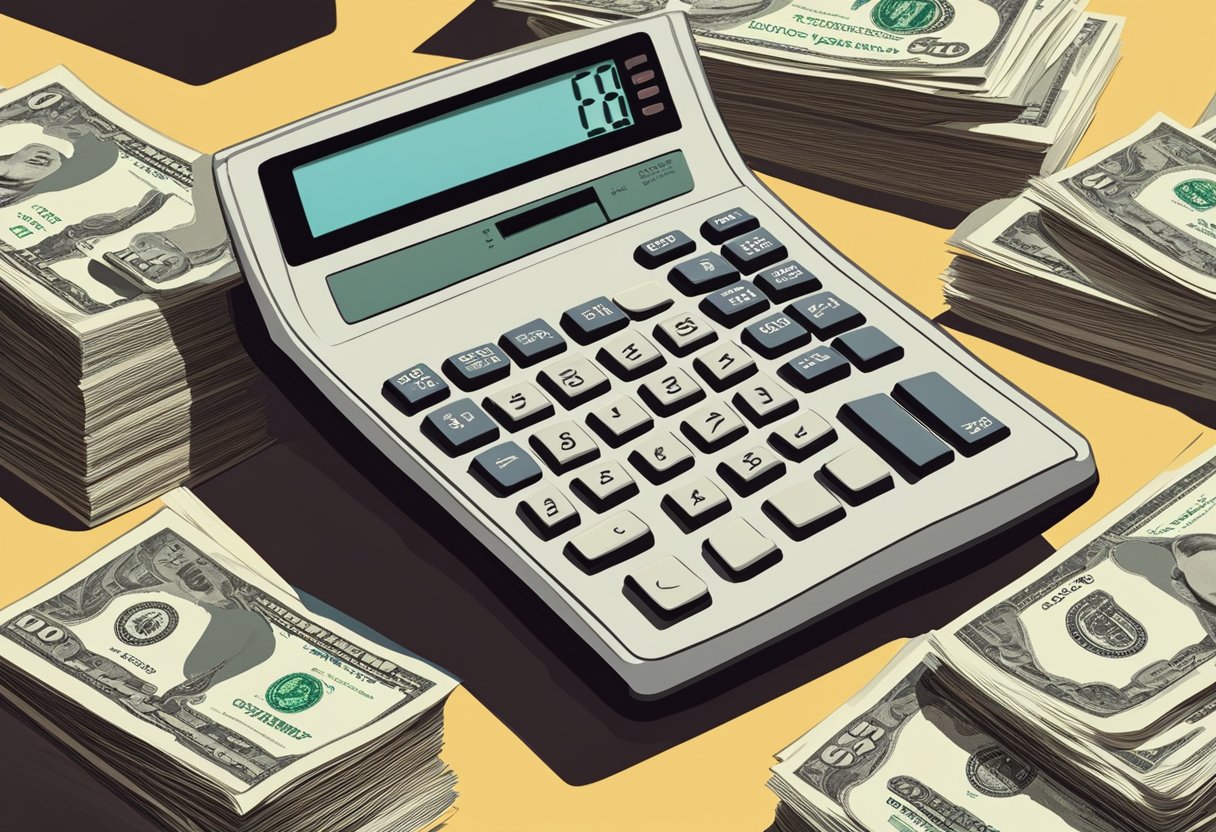 A stack of dollar bills, a pile of tax documents, and a calculator on a desk. A spotlight shines on the "Settle Back Taxes for Pennies on the Dollar" book