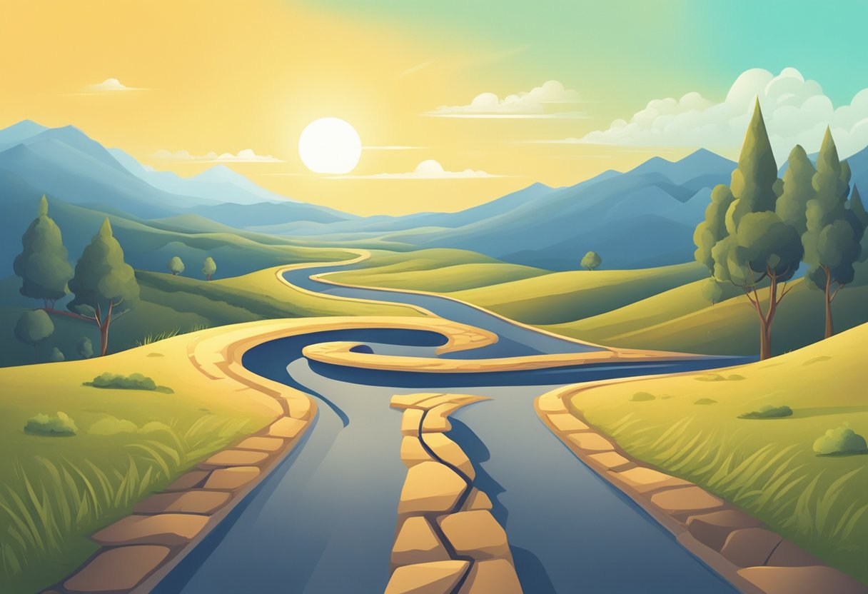 A winding road leads to a bright horizon, symbolizing freedom from personal loan debt. A broken chain lies on the ground, representing liberation