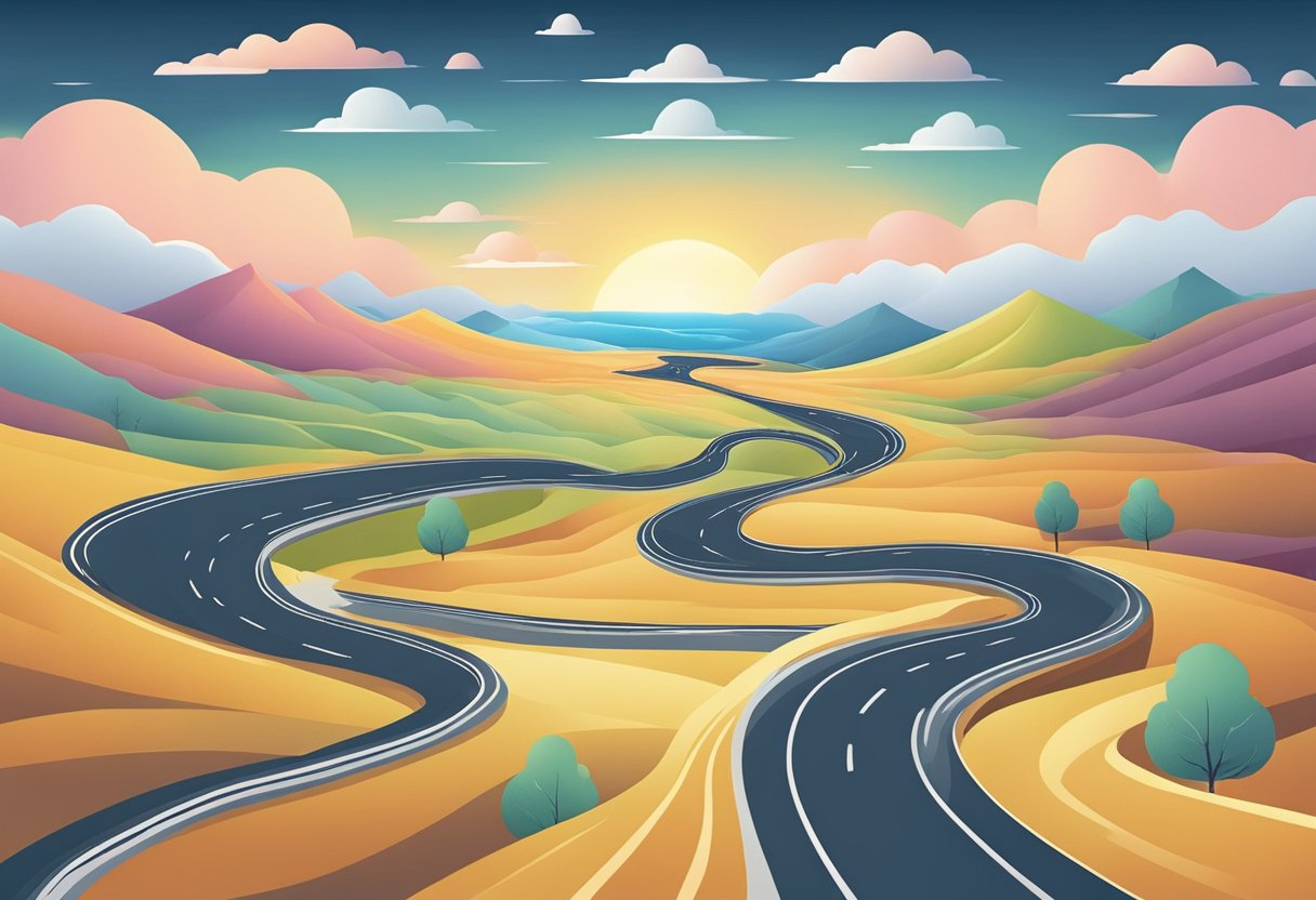 A winding road leads to a bright horizon, symbolizing freedom from personal loan debt. A clear path is shown, with supportive resources along the way