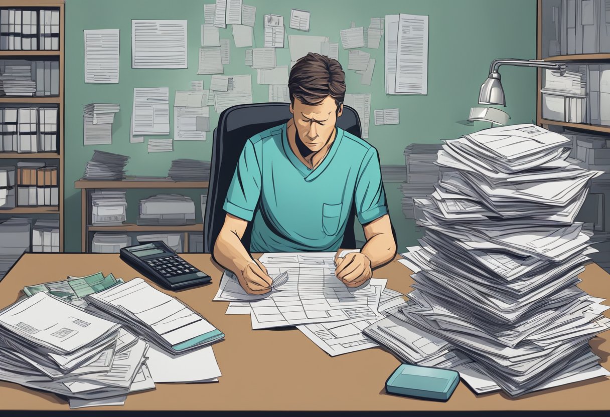 A pile of medical bills towers over a stressed-out figure. The figure is surrounded by paperwork, a calculator, and a laptop, showing determination to fight back against the overwhelming financial burden