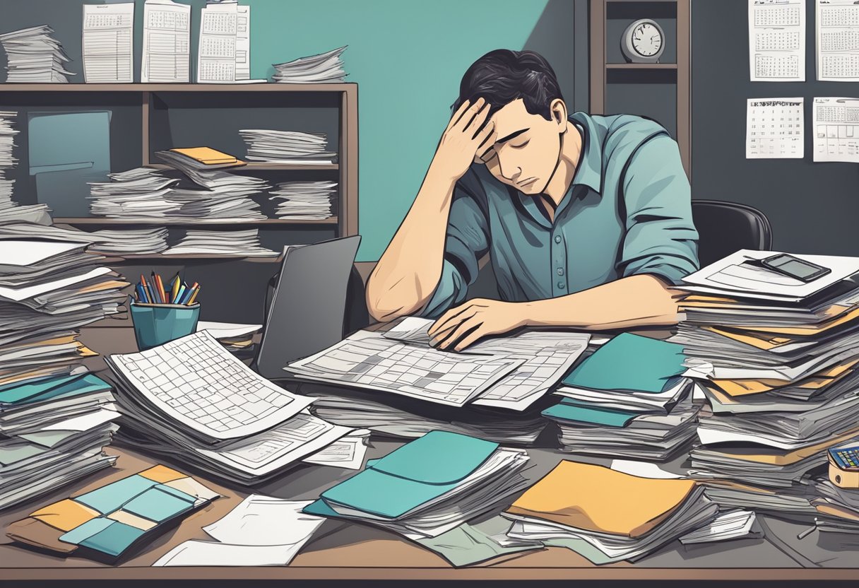 A cluttered desk with piles of unpaid bills, a calculator, and a calendar. A stressed-out person sits with their head in their hands