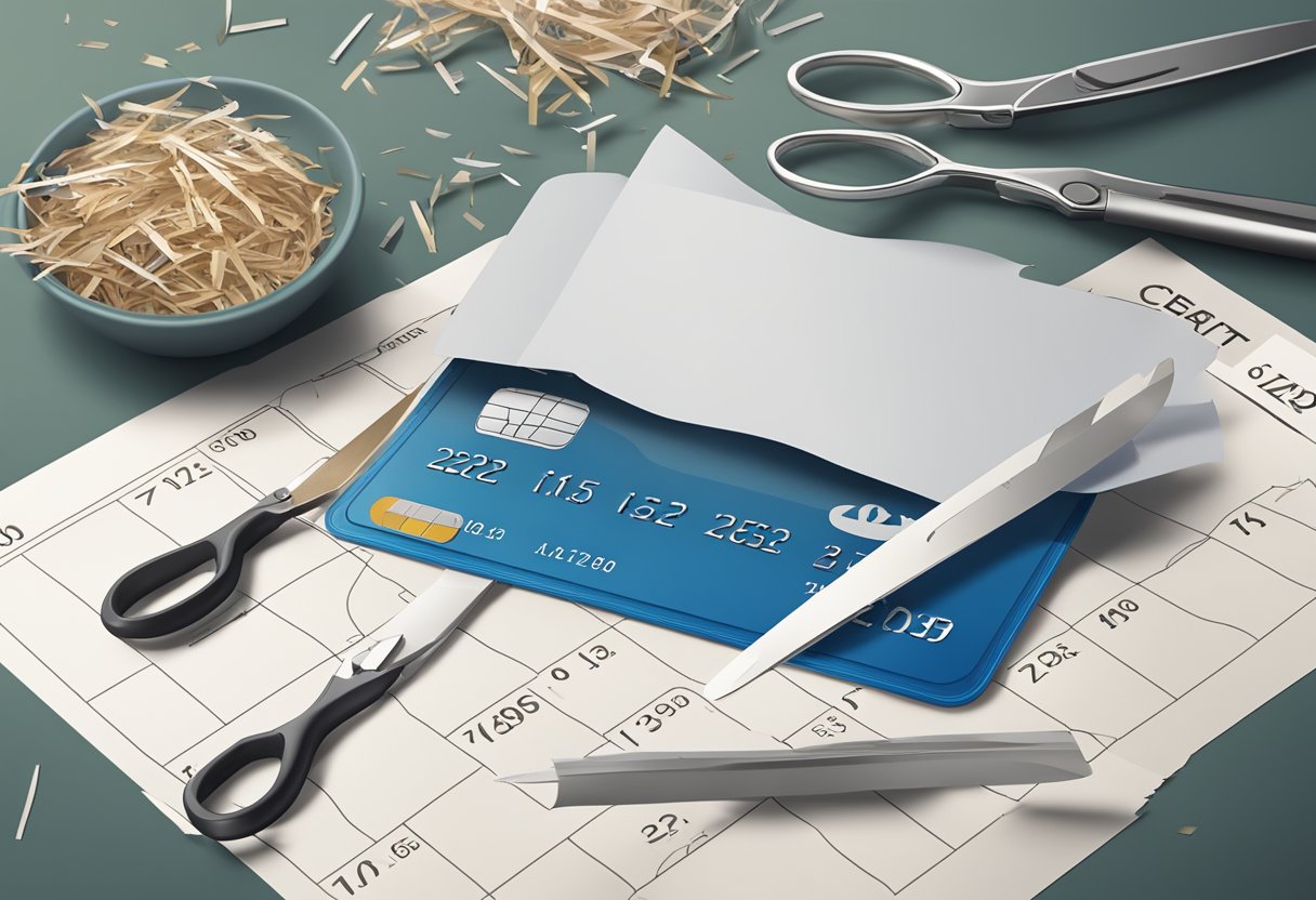 A credit card being cut in half with a pair of scissors, surrounded by a pile of shredded paper and a calendar with the date circled