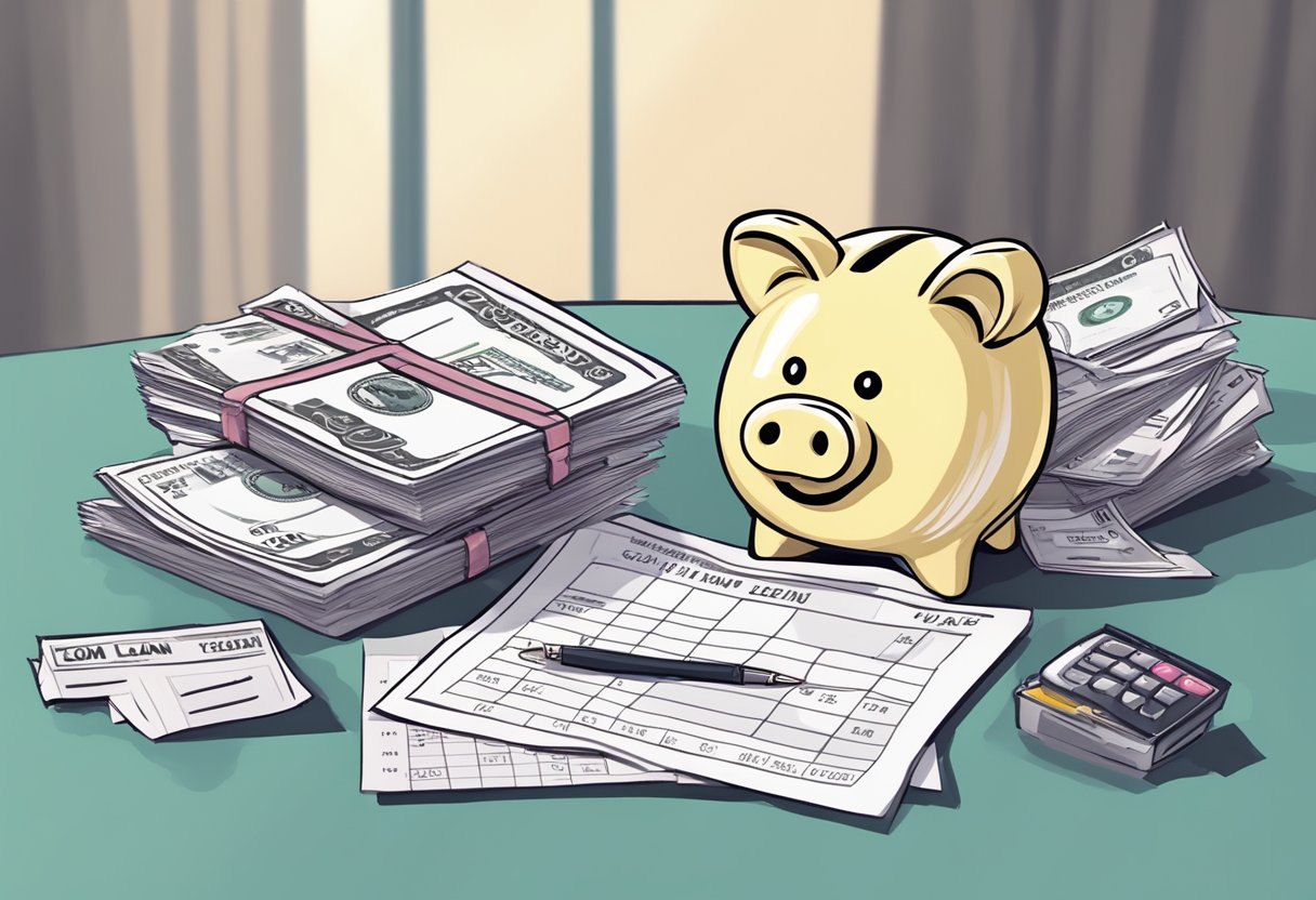 A stack of unpaid bills and a broken piggy bank on a cluttered desk. A calendar with looming due dates and a pile of crumpled personal loan statements